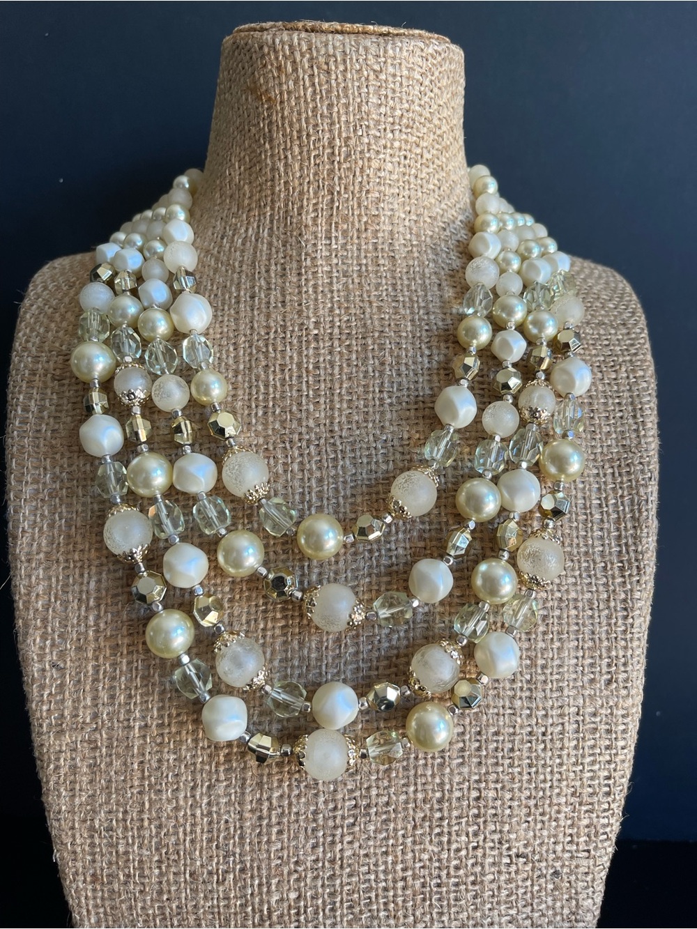Vintage Japan Multi-Strand Ivory Pearl & Gold Bead Statement Necklace